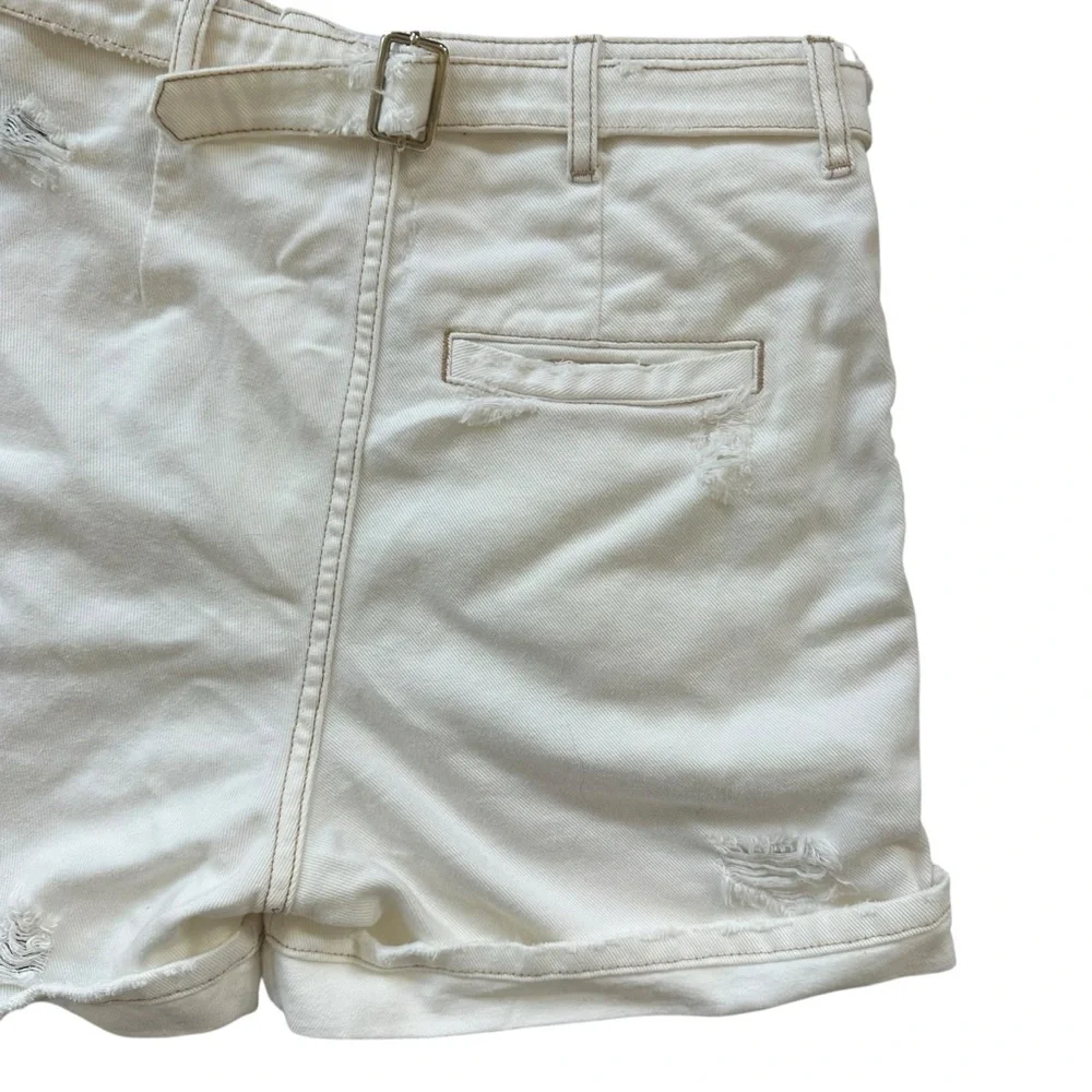 Retrofete Cream Cotton Buckle Back Distressed High Rise Shorts Trixie Size 25